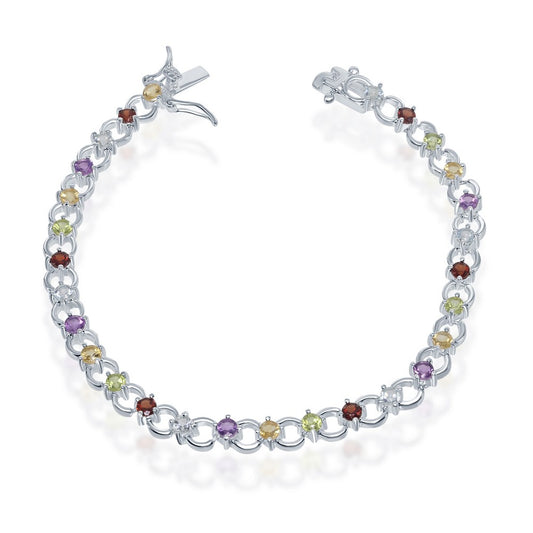 Sterling Silver 7 Inch Circle Linked Bracelet With  Multi Colored Gem Stones