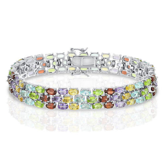 Sterling Silver 7 Inch Multi Oval Multi Color Gem Stone Bracelet