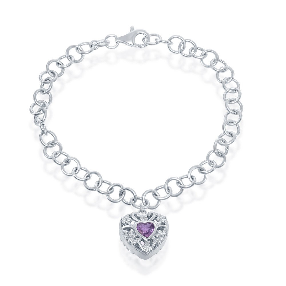 Sterling Silver Hanging Amethyst CZ Heart Charm Bracelet