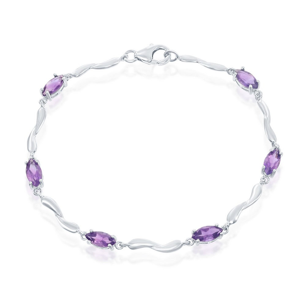 Sterling Silver Marquise Shaped Amethyst Gemstone Bracelet