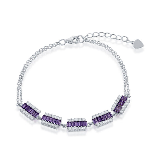 Sterling Silver 6+1 Inch Rectangle Purple and White CZ Bracelet