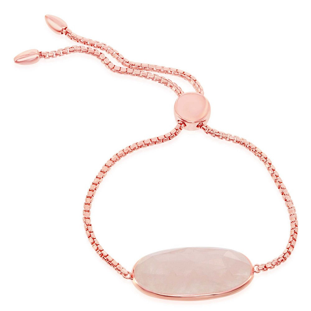 Sterling Silver Rose Gold Plated Center Oval Rose Quartz Adjustable Bolo Bracelet