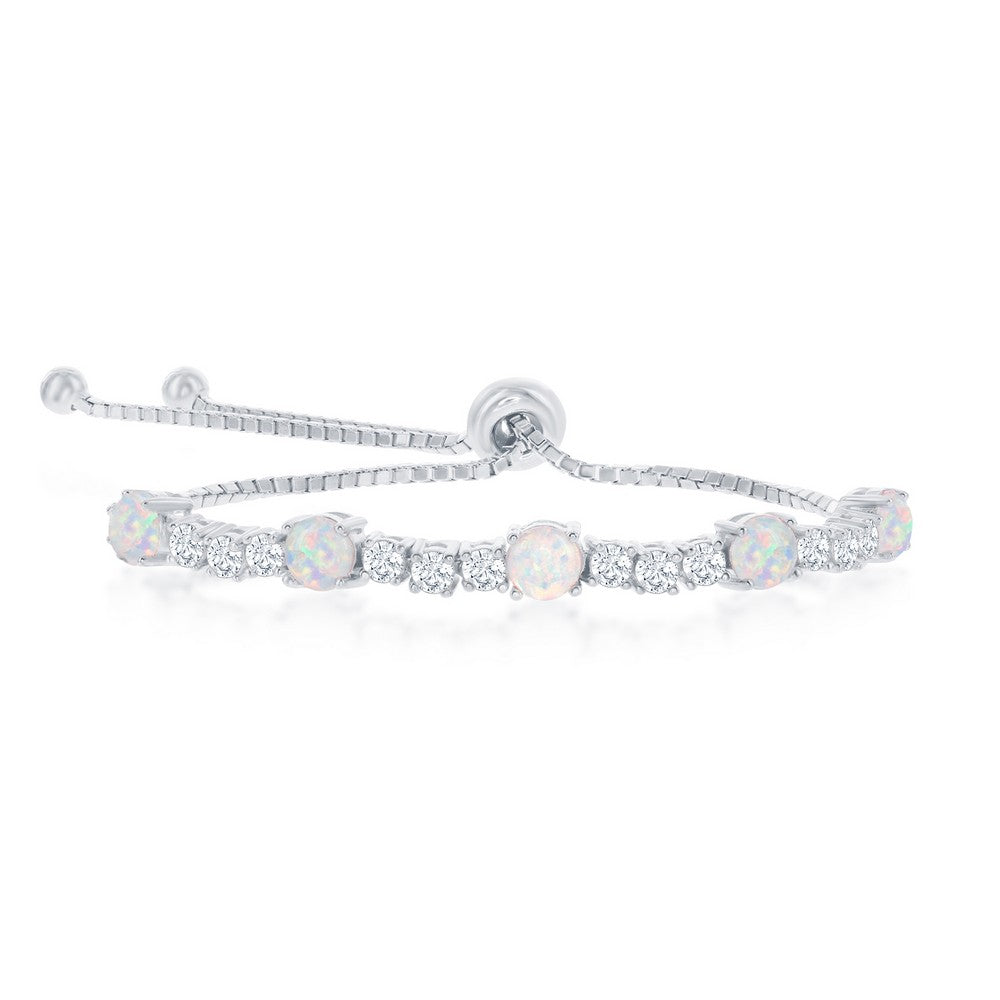 Sterling Silver Alternating Four-Prong CZ & White Opal Adjustable Bolo Bracelet