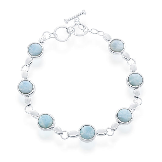 Sterling Silver Round Bezel-Set Larimar Linked Toggle Bracelet