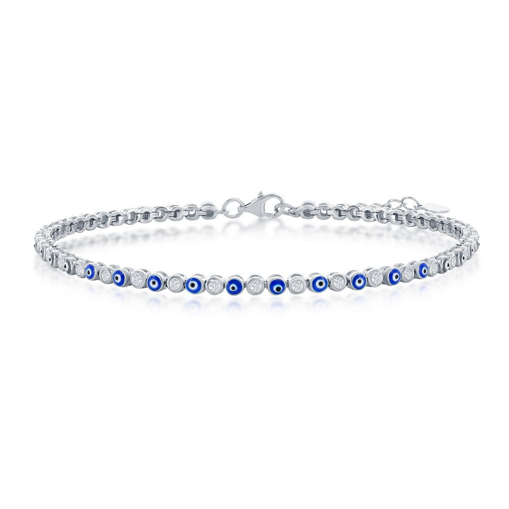 Sterling Silver Alternating Evil Eye and CZ Tennis Bracelet