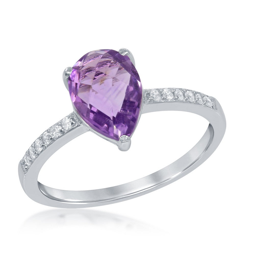 Sterling Silver White Topaz & Teardrop Gem Ring -  Amethyst