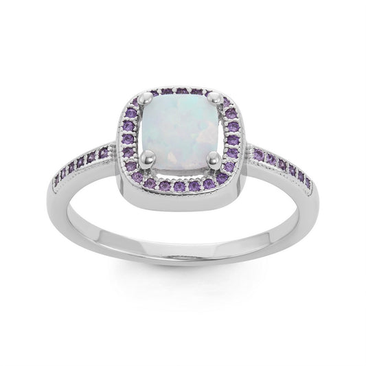 Sterling Silver Square White Inlay Opal with Amethyst Micro Pave CZ Border Ring