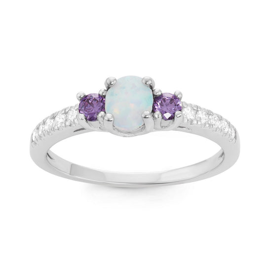 Sterling Silver White Inlay Opal Oval with Amethyst and Clear CZ Ring