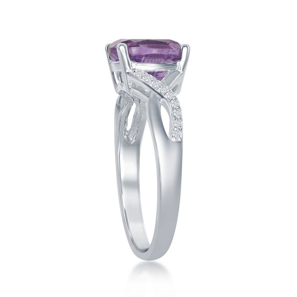 Sterling Silver Small Square Amethyst with White Topaz on Side Ring