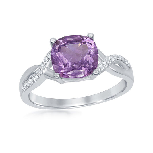 Sterling Silver Small Square Amethyst with White Topaz on Side Ring